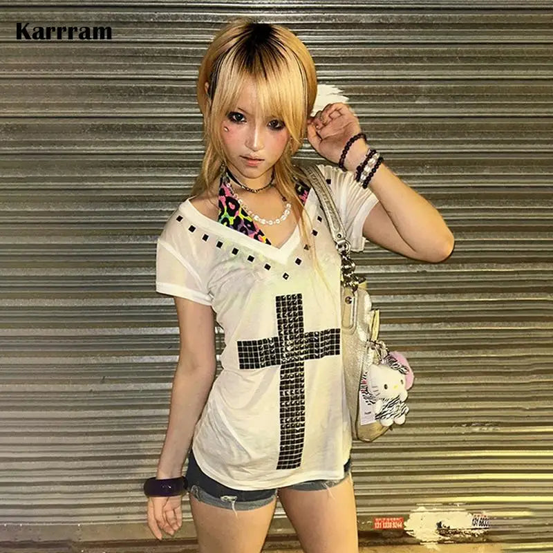 Karrram Japanese Y2k Metal Cross Print T-shirt Vintage Harajuku Short Sleeve Sheer Tops Trashy 2000s V-neck Streetwear Grunge - Matrix-studios.com
