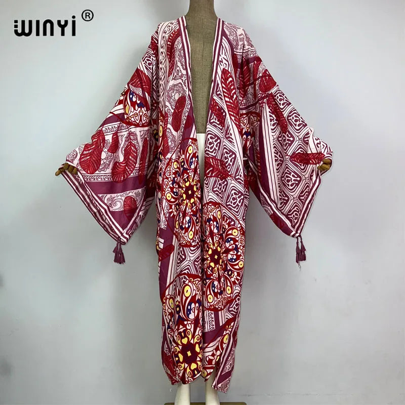 2023 WINYI New Cotton Feeling Bikini Cover-ups Bohemian Print Front Open Long Kimono Kaftan Beach Cover Ups for Swimwear Dresses - Matrix Studios