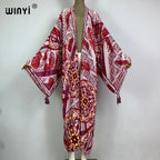 2023 WINYI New Cotton Feeling Bikini Cover-ups Bohemian Print Front Open Long Kimono Kaftan Beach Cover Ups for Swimwear Dresses - Matrix Studios