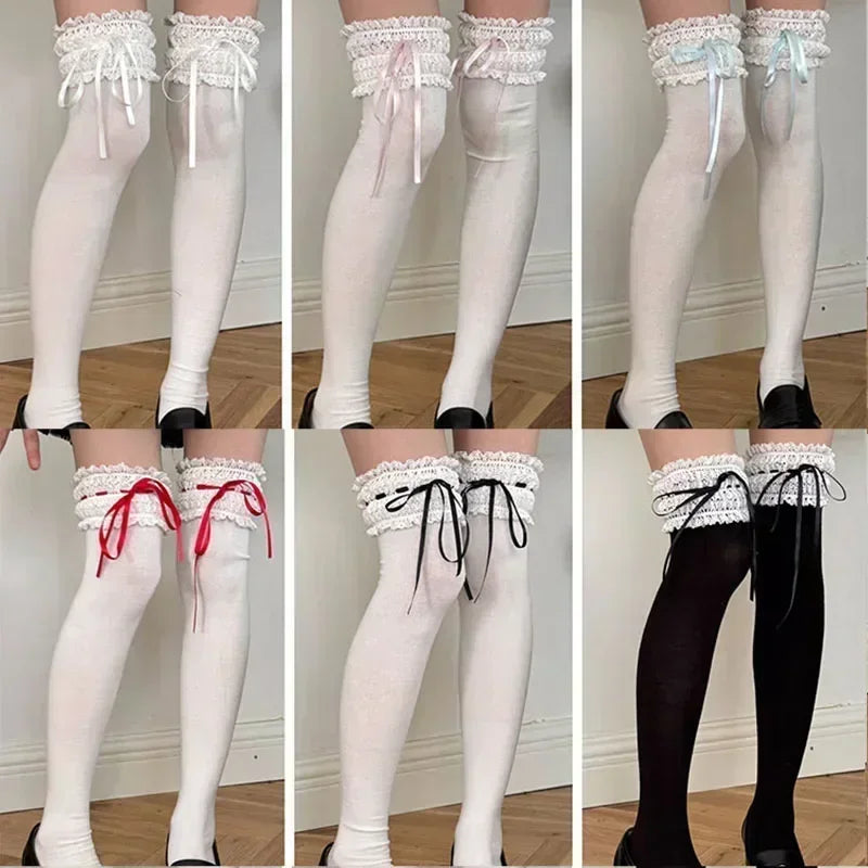 Lolita Over Knee-high Socks Cotton Sweet Lace Bow Ribbon Kawaii Calf-length Socks Thigh-high Stockings JK Cosplay Accessories - Matrix Studios
