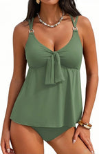 Women Bikinis Set Solid Two Piece Tankini Swimsuit V Neck Front Knot Flowy Overlay Top O Ring High Rise Tummy Control Swim - Matrix-studios.com