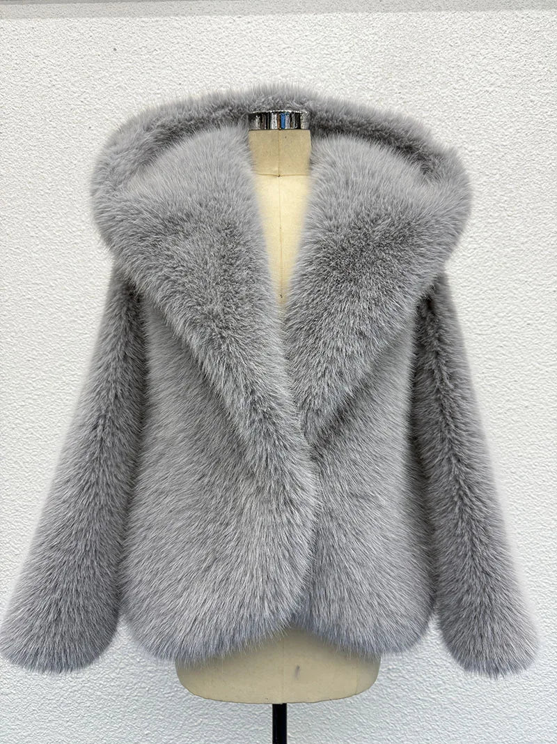 2026 Autumn Winter Women Faux Fur Short Coats Solid Hooded Jackets Long Sleeves Covered Button Thick Office Lady OVERCOAT - Matrix Studios