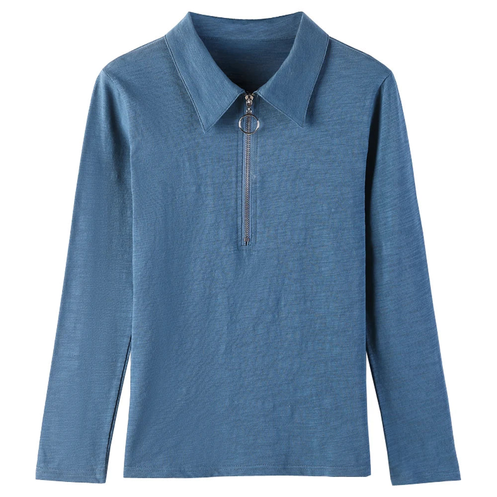 European Station Fashion Long sleeved POLO Neck Pure Cotton T-shirt Women's Spring New Slim Fit Solid Color Bottom Shirt - Matrix-studios.com