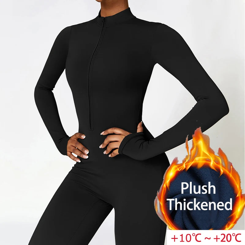 Warm Plush Sports Jumpsuits Women's Tracksuit One-Piece Fitness Suit Winter Gym Sets Long Sleeves Black Exercise Bodysuit Woman - Matrix Studios