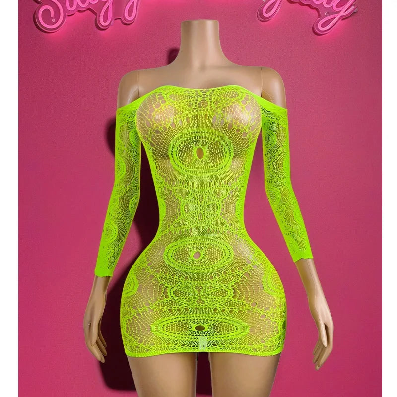 1PC Women Fishnet Cover Up Without Bikini Sexy Lingerie See Through Hollow Out Bodycon Dress Long Sleeve Beachwear Qq568 - Matrix Studios