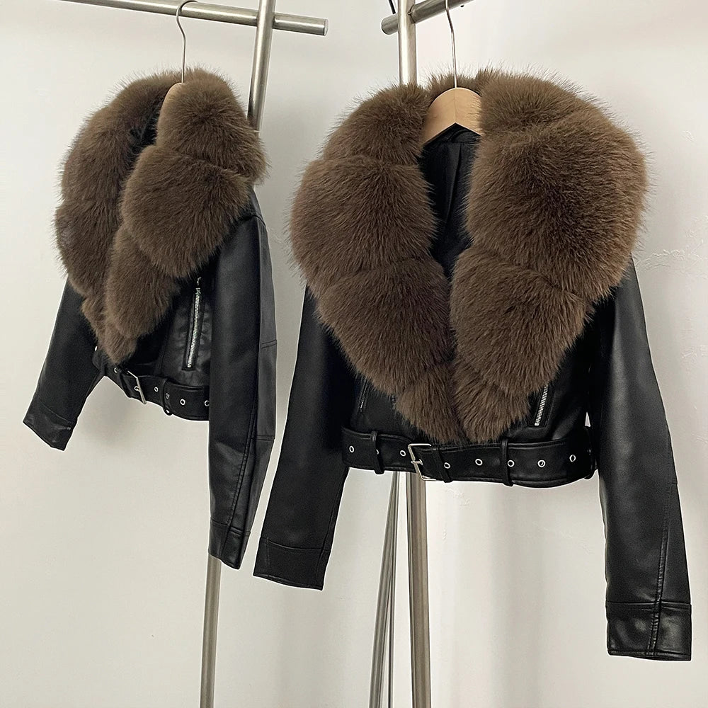 Fur Coat Eco-friendly Long Sleeve Autumn Faux Leather Jacket Short Clothing Female Spring New PU Fur Jacket Artificial Pockets - Matrix Studios