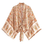 Happie Queens Floral Print Sashes Short  Kimono Women Fashion V Neck Batwing Sleeves Robe Lady Boho Bikini Cover-ups - Matrix Studios