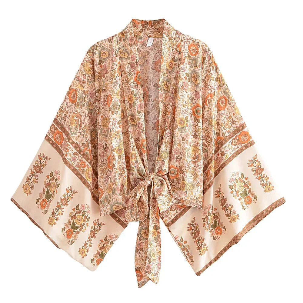 Happie Queens Floral Print Sashes Short  Kimono Women Fashion V Neck Batwing Sleeves Robe Lady Boho Bikini Cover-ups - Matrix Studios
