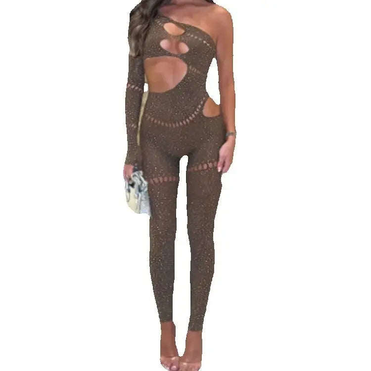 Whatiwear Rhinestones Patchwork Jumpsuit Women Sexy Hollow Skew Collar Single Sleeve Hottie Midnight Club Party Coquett Overalls - Matrix Studios