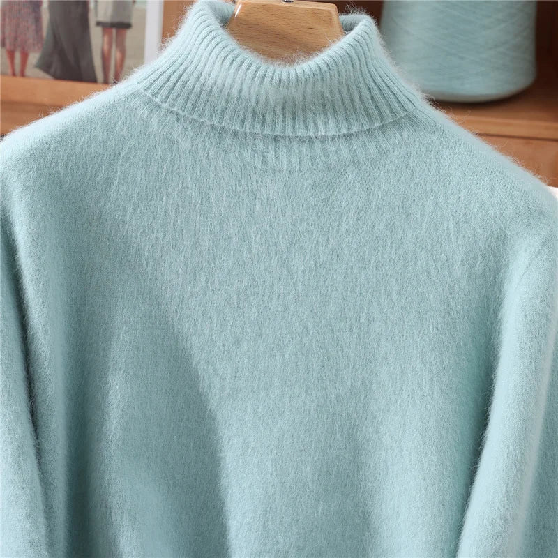 Autumn And Winter New 100% Mink Cashmere Sweater Ladies' High Lapel Solid Color Padded Pullover Wool Knitted Bottoming Shirt - Matrix Studios