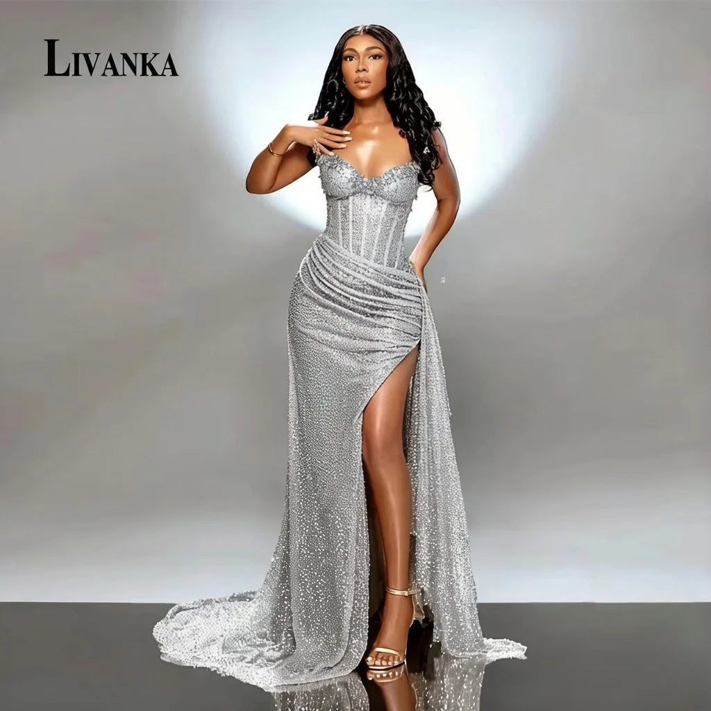 LIVANKA Sweetheart Neck Mermaid Evening Dresses Side High Split Floor-Length Prom Dresses Beading Customized Vestidos De Fiesta - Matrix Studios