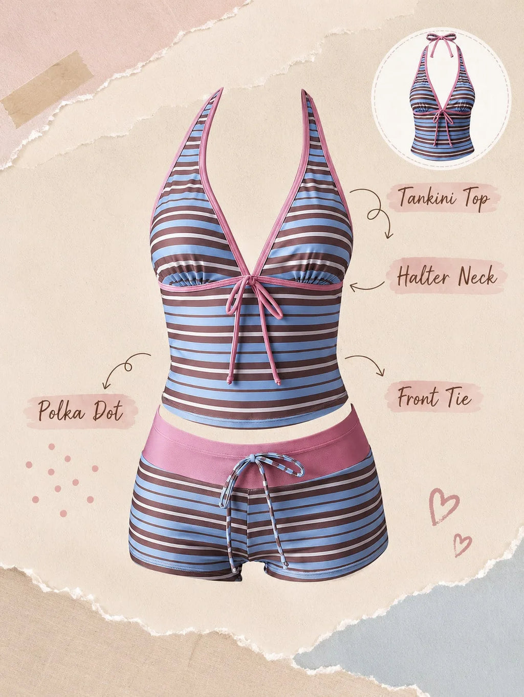 Kawaii Pink Dot Bikini Shorts Bowknot Halter Backless Swimsuit Deep V Swimwear Women's Bikinis and Tankinis Vacation Outfit Sets - Matrix-studios.com