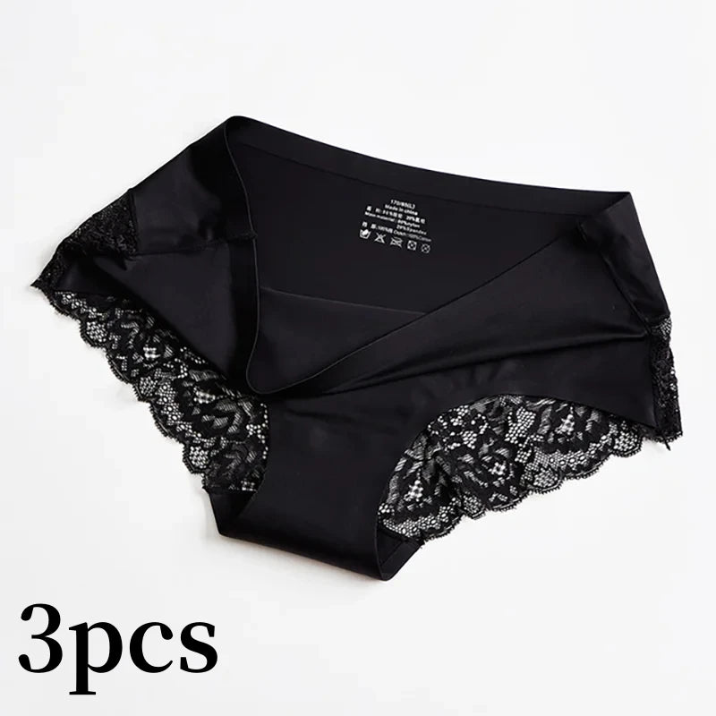 3pcs Lace Women's Panties French Seamless Underwear Female Ice Silk Briefs Solid Color Breathable Underpants Lingerie - Matrix Studios
