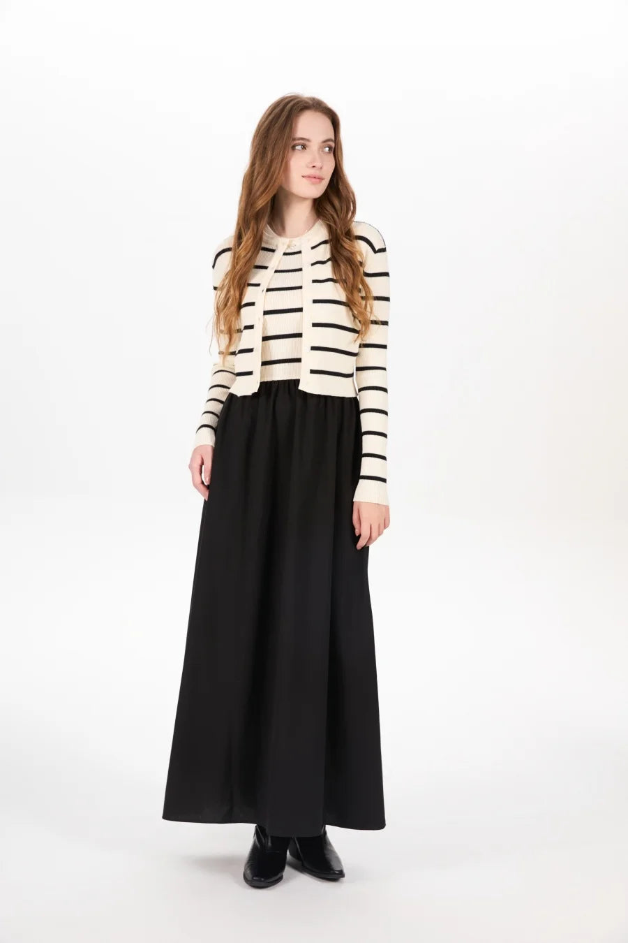 AS AW25 stripe knitting cardigan + sleeveless patch dress maxi matching set for woman clothing - Matrix-studios.com