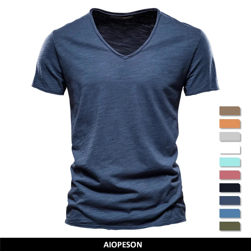 Brand Quality 100% Cotton Men T-shirt V-neck Fashion Design Slim Fit Soild Male Tops Tees Short Sleeve - Matrix Studios