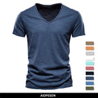 Brand Quality 100% Cotton Men T-shirt V-neck Fashion Design Slim Fit Soild Male Tops Tees Short Sleeve - Matrix Studios