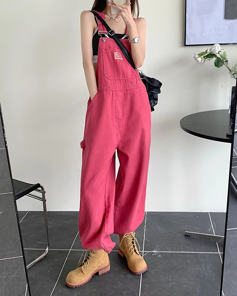 jeans womens 2025 Summer Style loose Girls Pink wide leg trousers jumpsuit korean casual denim overalls womens - Matrix Studios