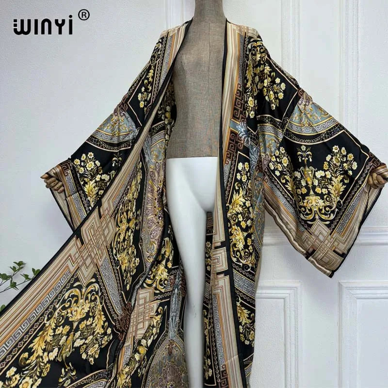 WINYI Kimono Women Summer New Print Long Sleeve Cardigan Female Blouse Loose Abaya Casual Beach Cover Up Boho Dress Party Kaftan - Matrix Studios