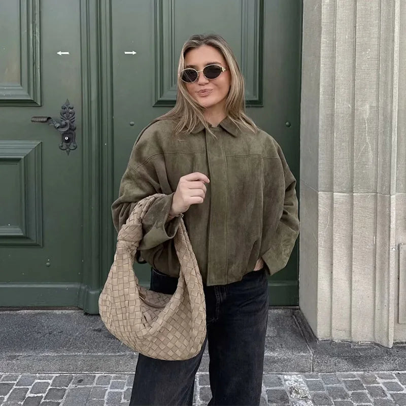 Women's Bomber Jackets Coats Fashion Turn-down Collar Long Sleeve Loose Coats Vintage Female Outerwear Chic Tops - Matrix-studios.com
