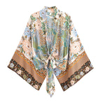 Happie Queens Peacock Short Robe Kimono Swimsuits Women Fashion Floral Batwing Sleeves Rayon Bohemian Bikini Cover Ups Beachwear - Matrix Studios