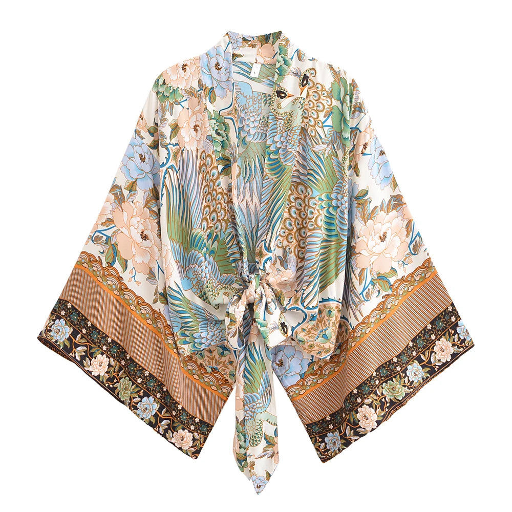 Happie Queens Peacock Short Robe Kimono Swimsuits Women Fashion Floral Batwing Sleeves Rayon Bohemian Bikini Cover Ups Beachwear - Matrix Studios
