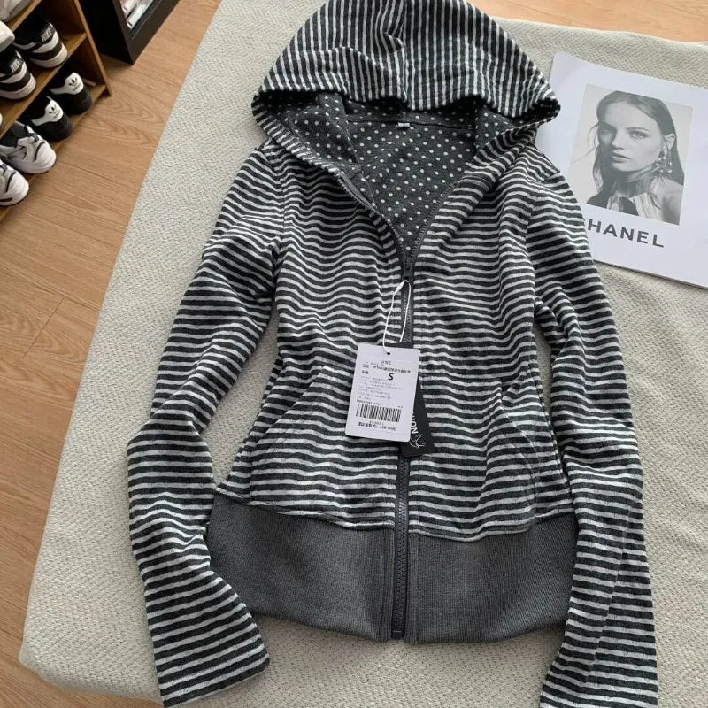 Korean Lazy Style Hooded Cardigan Fashion Vintage Gray White Striped Sweatshirts Spring Autumn Slim Fit Coat Women - Matrix Studios