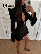 CNYISHE Metal Buckle Hollow Out Women Dresses Autum Fashion Solid O Neck Sheath Long Sleeve Sexy Club Female Bodycon Chic Robes - Matrix-studios.com