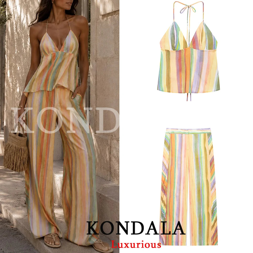KONDALA Sweet Casual Women Pants Suit Stripe Sleeveless Backless Halter Top Long Zipper Pants Fashion 2026 Summer Fall Boho Suit - Matrix-studios.com