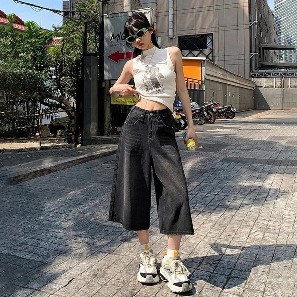 Summer American Style Vintage Women Baggy Jeans Y2k Loose Washed High Waist Knee Length Denim Pants Streetwear Wide Leg Shorts - Matrix-studios.com