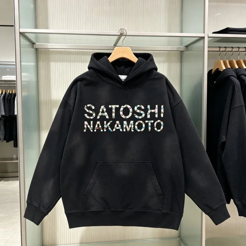 2XL SATOSHI Hoodie Vintage Distressed Washed Black Classic Letter Print Rainbow Nail Bead Hood Sweatshirts Men Women Streetwear - Matrix-studios.com