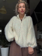 Shiny Sequin Stand Collar Women's Cardigans Double Zippers Full Sleeve Loose Sweater Cardigan 2026 Autumn Winter Casual Knitwear - Matrix Studios