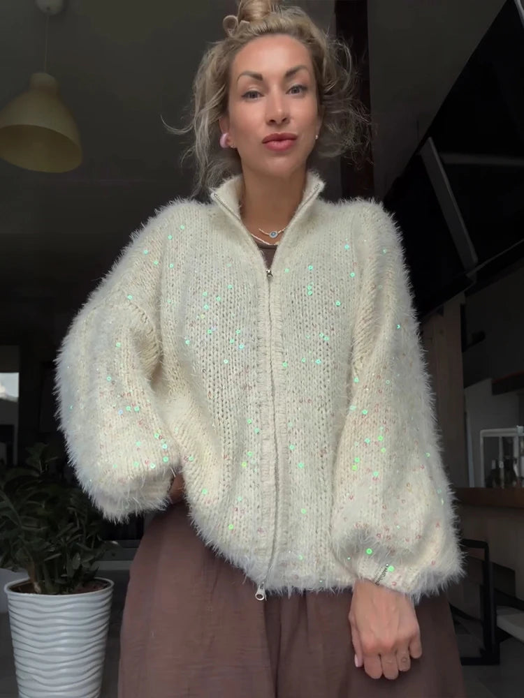 Shiny Sequin Stand Collar Women's Cardigans Double Zippers Full Sleeve Loose Sweater Cardigan 2026 Autumn Winter Casual Knitwear - Matrix Studios