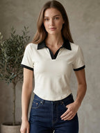 AOSSVIAO 2026 Spring Summer Women's Color Block V-Neck Short Sleeve Polo Shirt Chic Slim Fit Versatile T-Shirt Sexy Crop Tops - Matrix-studios.com