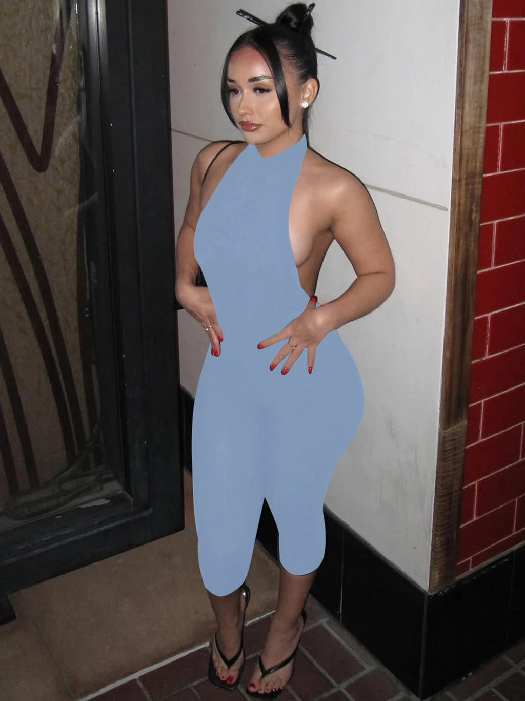 Hugcitar Ribbed Halter Backless Solid Button Sexy Bodycon Skinny Jumpsuit Summer Women Fashion Vacation Romper Streetwear Club - Matrix Studios