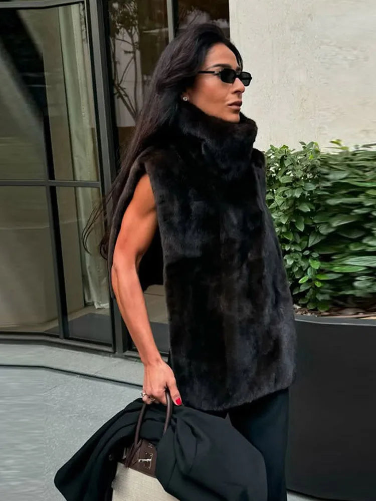 Chic Turtleneck Fur Vest Women All-matching Solid Sleeveless Fluffy Cozy Vests Female 2025 Autumn Winter Fashion Lady Layering - Matrix Studios