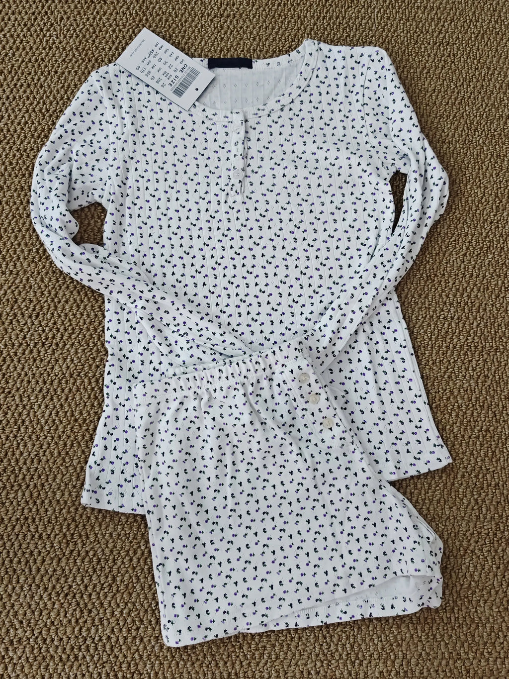 Eyelet Buttons White Long Sleeve T-shirt Shorts Set Woman Slim Tees+Elastic Straight Sweatshort Cotton Home Pajama 2 Piece Sets - Matrix-studios.com