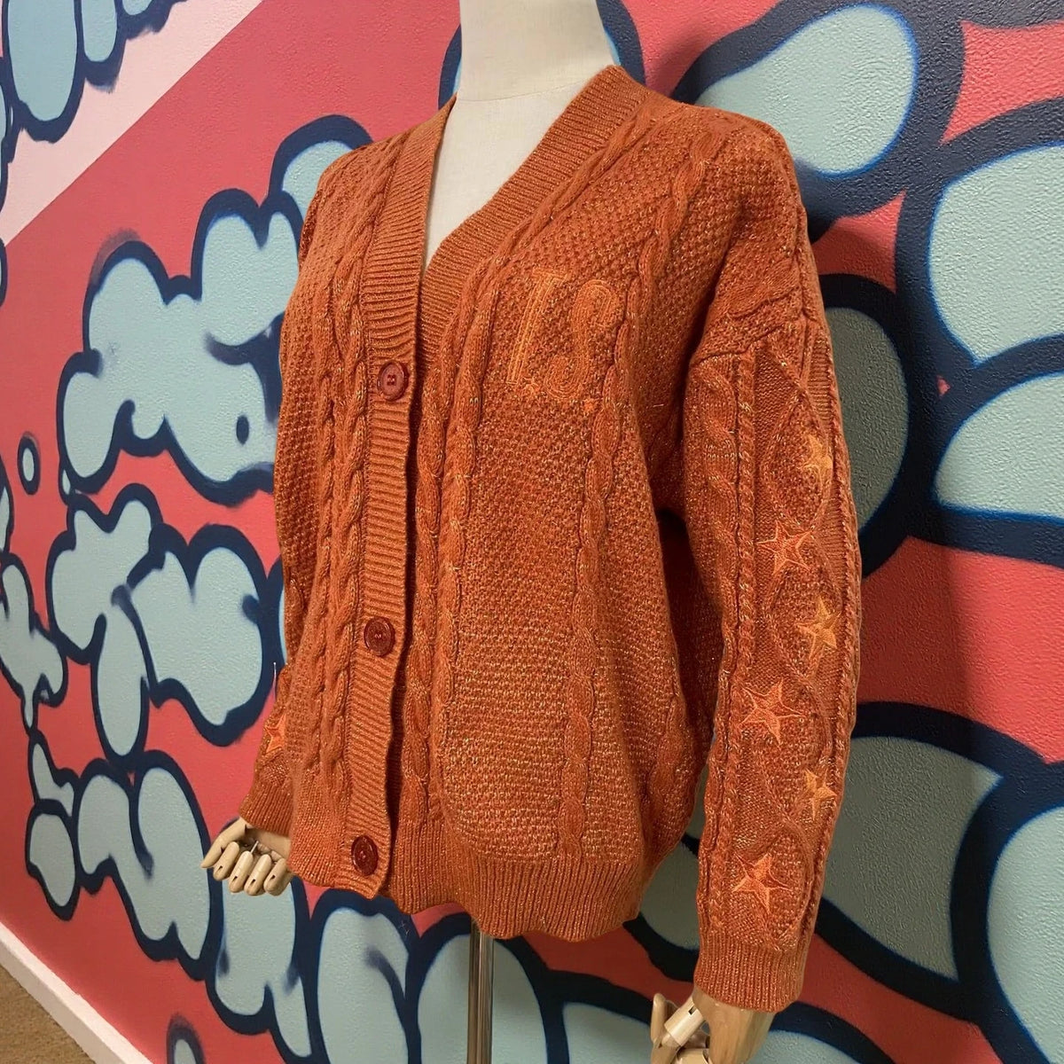 Winter Women Glittery Chunky Knit Sweater with Star Embroidery Orange Cardigans Spring Woman Y2k Gold Thread Show-girl Cardigans - Matrix Studios
