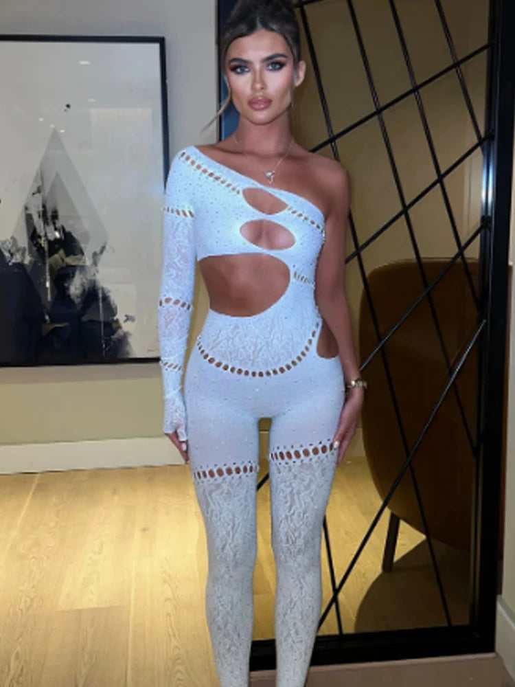 Whatiwear Rhinestones Patchwork Jumpsuit Women Sexy Hollow Skew Collar Single Sleeve Hottie Midnight Club Party Coquett Overalls - Matrix Studios