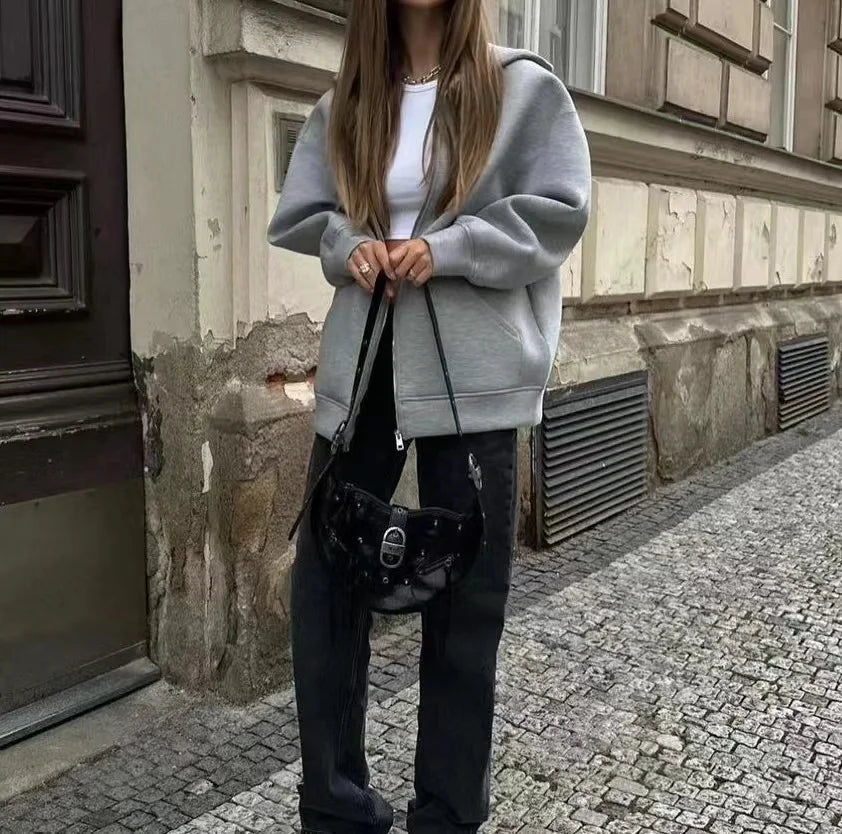 2024 Spring and Autumn New Casual Street Loose Oversize Hooded Zipper Hoodie Space Cotton Jacket Coat Lazy Women's Cardigan - Matrix Studios
