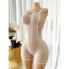 Sexy Fishnet Romper Jumpsuit Deep V Neck hollow Out Elastic Beach Cover Up Women Summer Rave Festival Outfit resort Wear - Matrix Studios