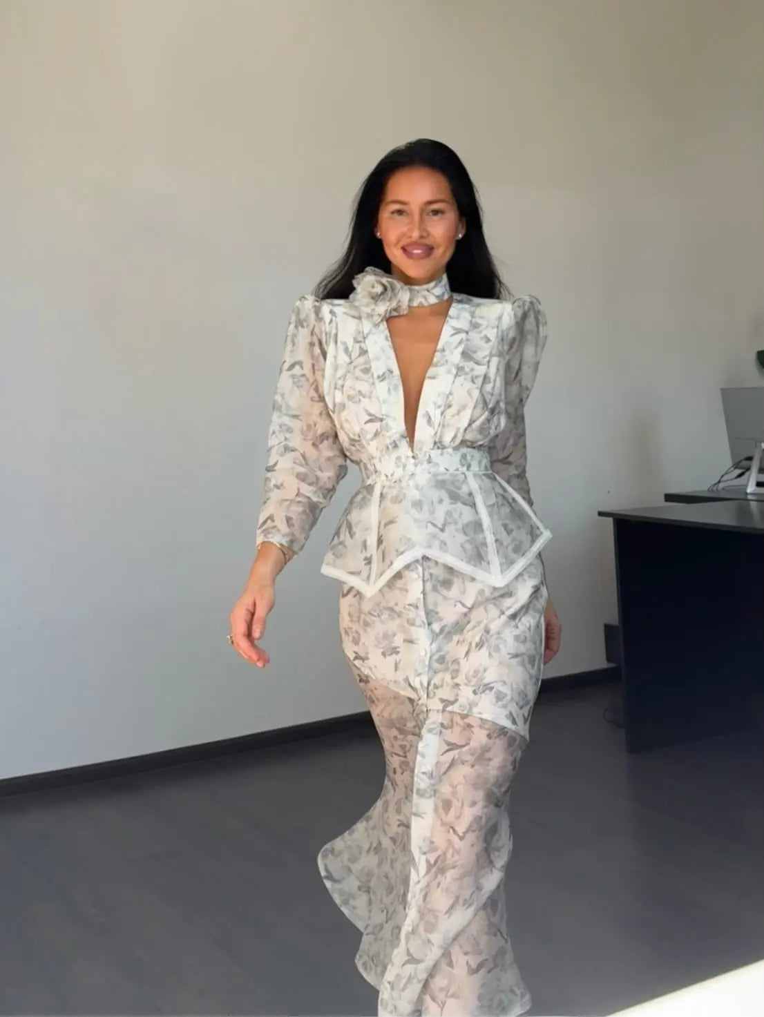 Organza Floral Printed Maxi Dress V-Neck  Puff Sleeve 2026 Spring/Summer Romantic Women Party Gown Fashion Elegant Lady Vestidos - Matrix-studios.com