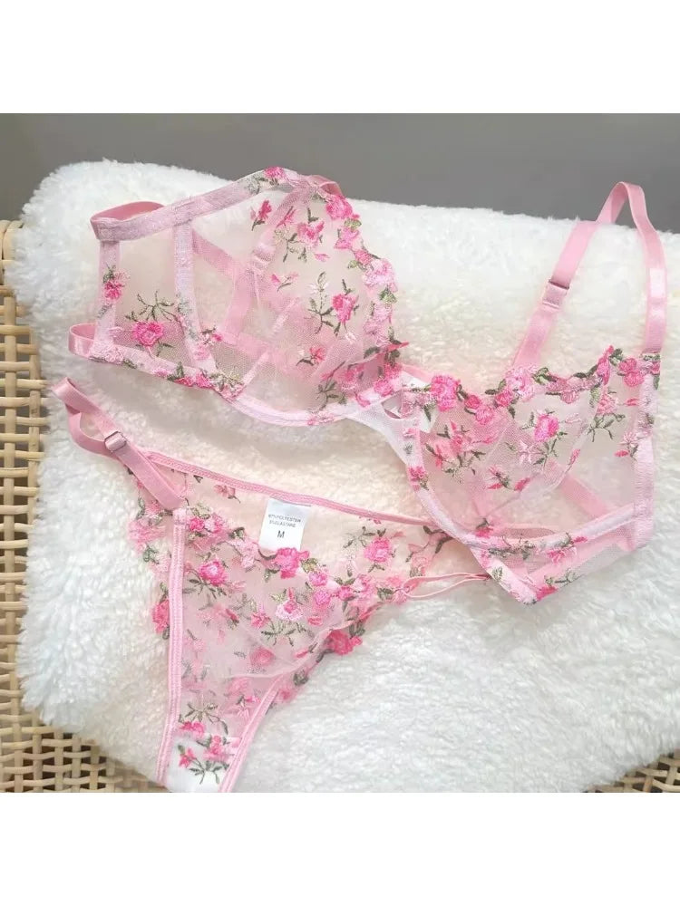 YUQI French Elegant Lingerie Set-Floral Embroidery Semi-Transparent Bra & Brief,Black Sensual Women's Underwear Luxury Intimates - Matrix-studios.com