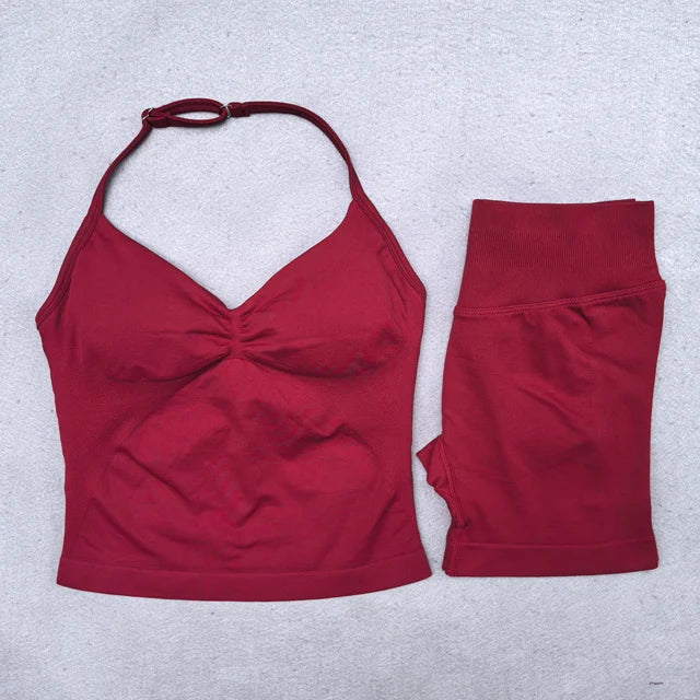 2 Pieces Yoga Set Women Backless Halter Tops High Waist Seamless Shorts Gym Suit Fitness Clothes Sportswear Workout Sets - Matrix-studios.com
