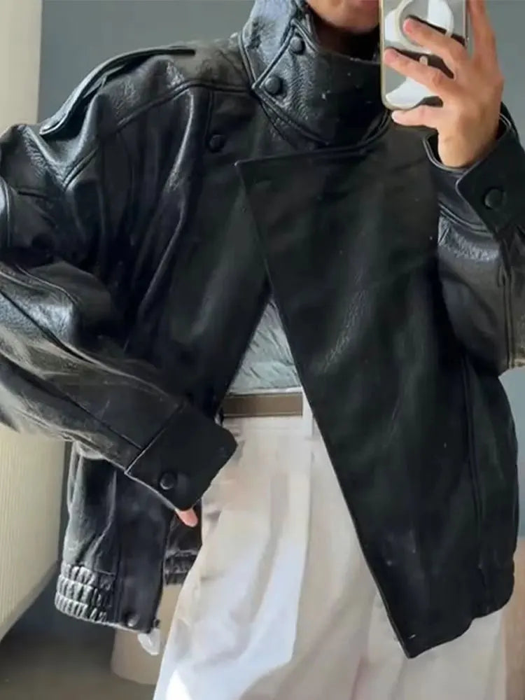 HH Autumn Faux Leather Jacket For Women Casual Solid Long Sleeve Zipper Pu Leather Coats New Fashion Female Streetwear - Matrix Studios