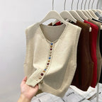 Sweater Vest Autumn Women Rainbow Single-breasted Button Soft Sweater Loose Knit Vest V-neck Knitwear Cardigan Lady Waistcoats - Matrix Studios