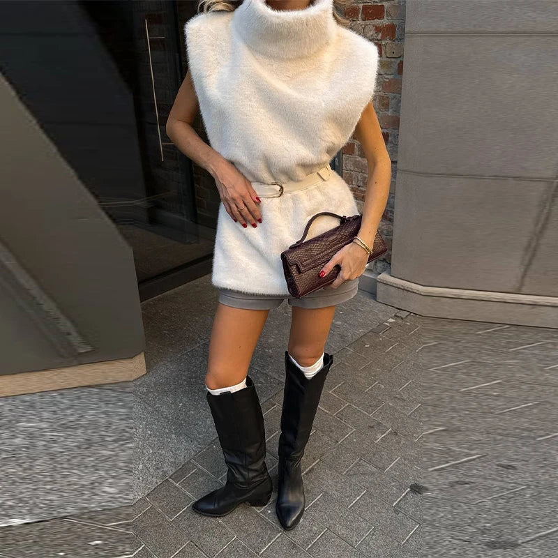Faux Fur Vests Women Loose High Neck Hollow Out Sleeveless Belts Solid Crop Top Female 2025 Autumn Winter Chic Warm Tank Tops - Matrix Studios