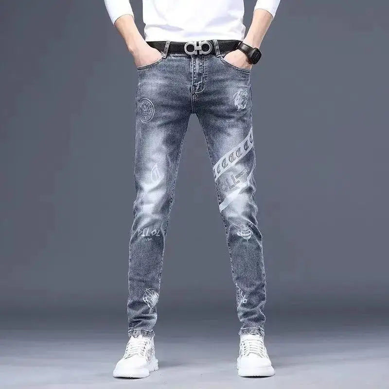 High End Stylish Classic Distinctive Printed Black Stretch Denim Jeans for Men High Quality Slim Fit Stretch Luxury Denim Pants - Matrix Studios