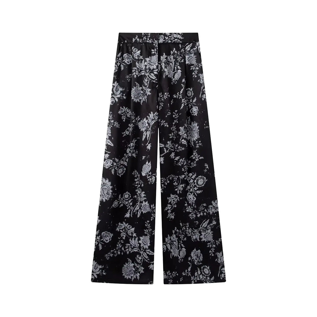Women Yellow Floral Printing 2-Piece Set Women Stand Collar Long Sleeve Shirt + High Waist Wide Leg Pants Loose Lady Suit