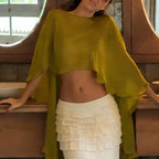 Women Chiffon Capelets Sheer Mesh Shawl Wraps Asymmetrical Ruffle Hem Flowy Poncho Top for Evening Clothes - Matrix Studios