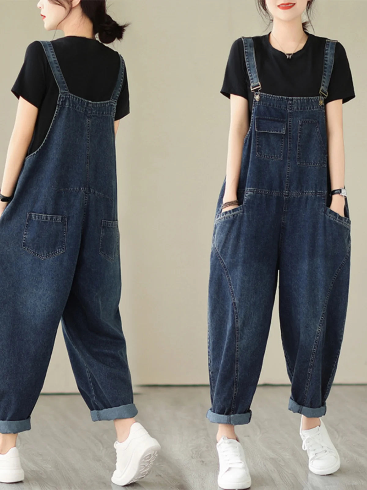 Fall Women's Loose Jeans Overalls Deep Blue High Waist Design Sensation plus Size Faion plus Size Women's Loose Slimming - Matrix-studios.com